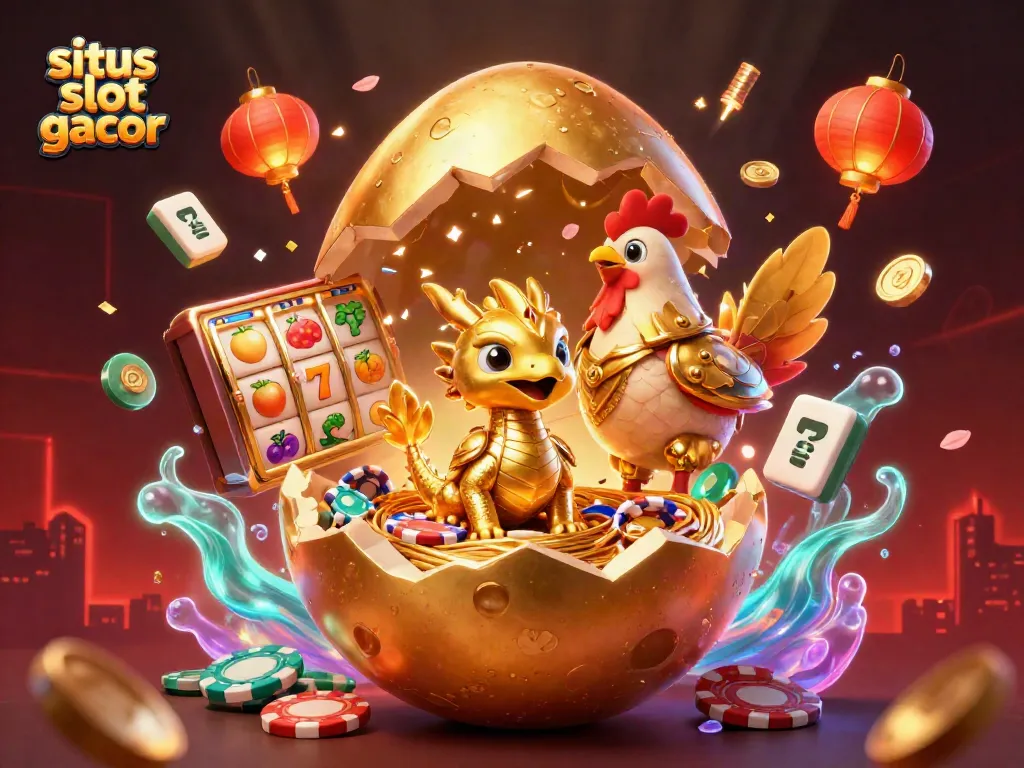 Representasi situs slot gacor dengan naga emas, chip poker, dan elemen festival yang menggembirakan.