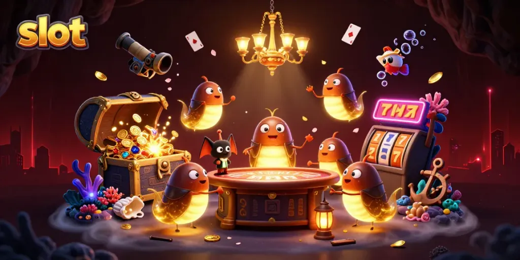 Experience the excitement of slot games with glowing slot elements and a unique cartoon casino scene.