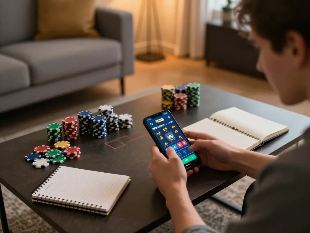 Player using TR88 app on smartphone for mobile gaming, focused on strategy and betting.