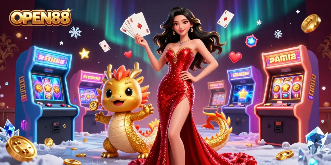 Experience thrilling gaming at OPEN88 with a captivating Asian character and golden dragon amidst vibrant casino elements.