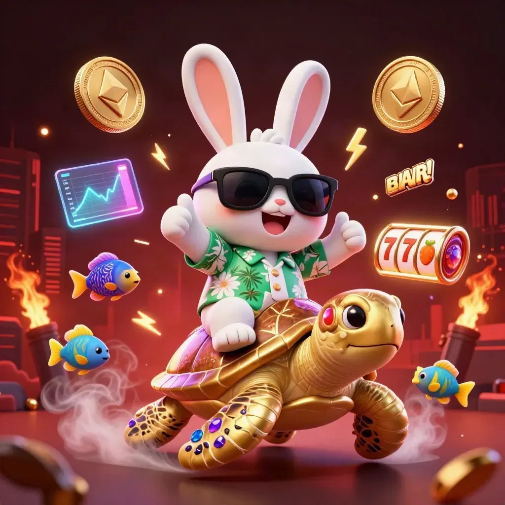 Lucky rabbit rides a golden sea turtle amid neon coins, lightning, fish, and casino glow.