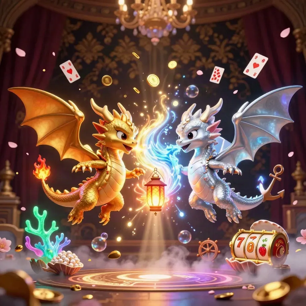 Twin gold and silver dragons swirl with fire and ice over treasure in a dark luxury casino glow.