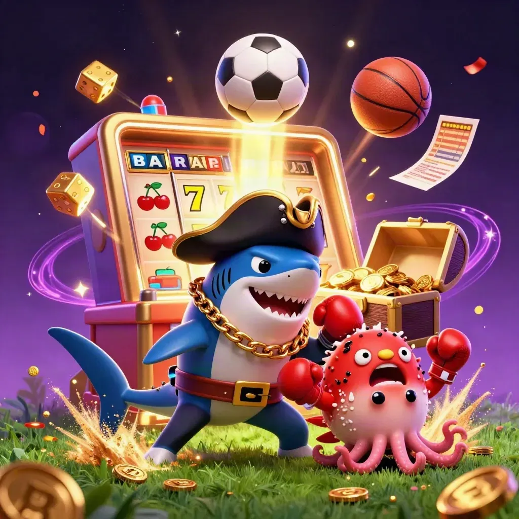Pirate shark, boxing pufferfish and octopus amid slot bursts, sports balls and gold coins.