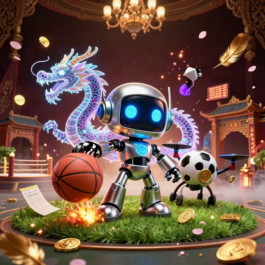 Cyberpunk robot, holographic dragon and coin drone amid flying balls, coins and temple glow.