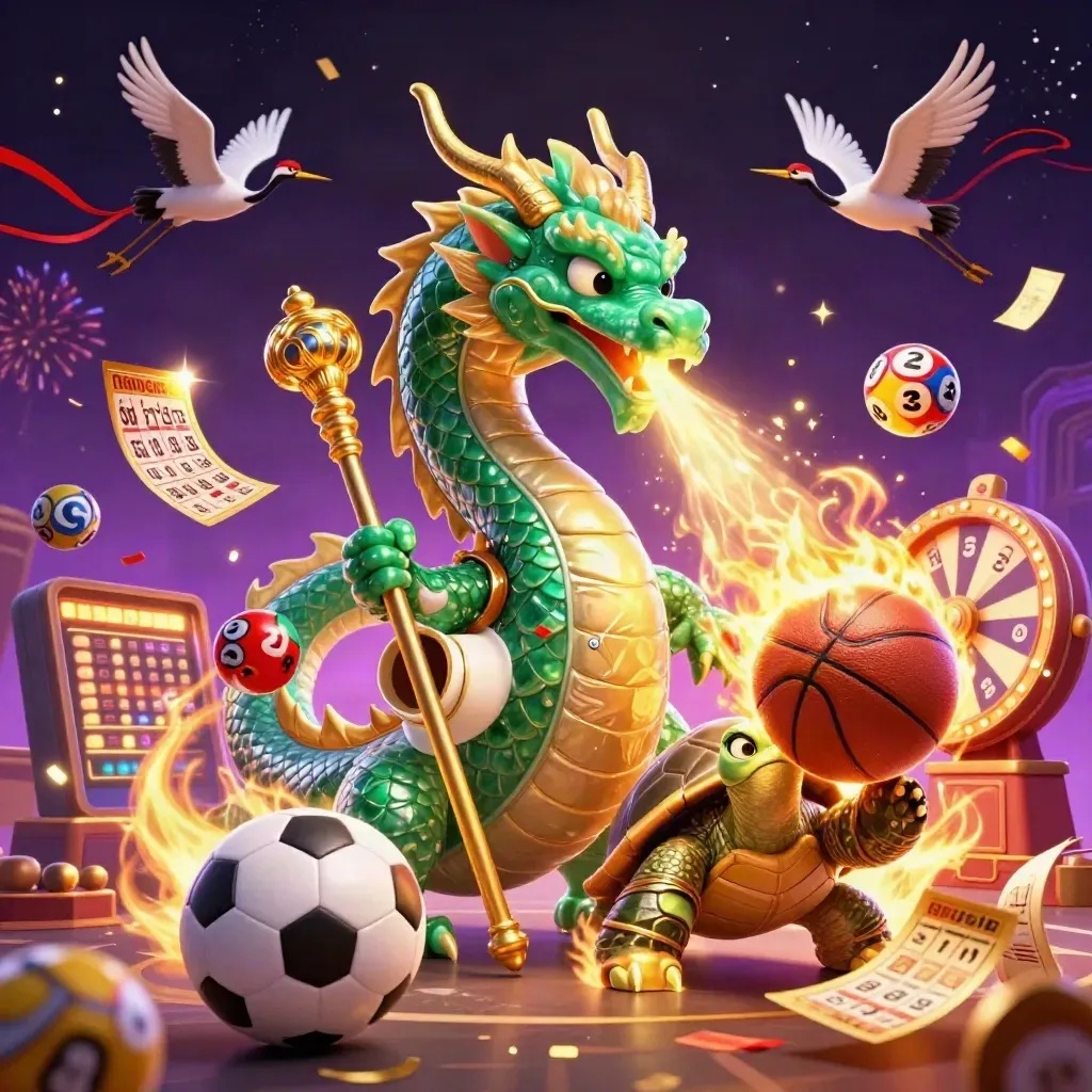 Emerald dragon, turtle sage and cranes amid casino sports props, sparks and gold fire.