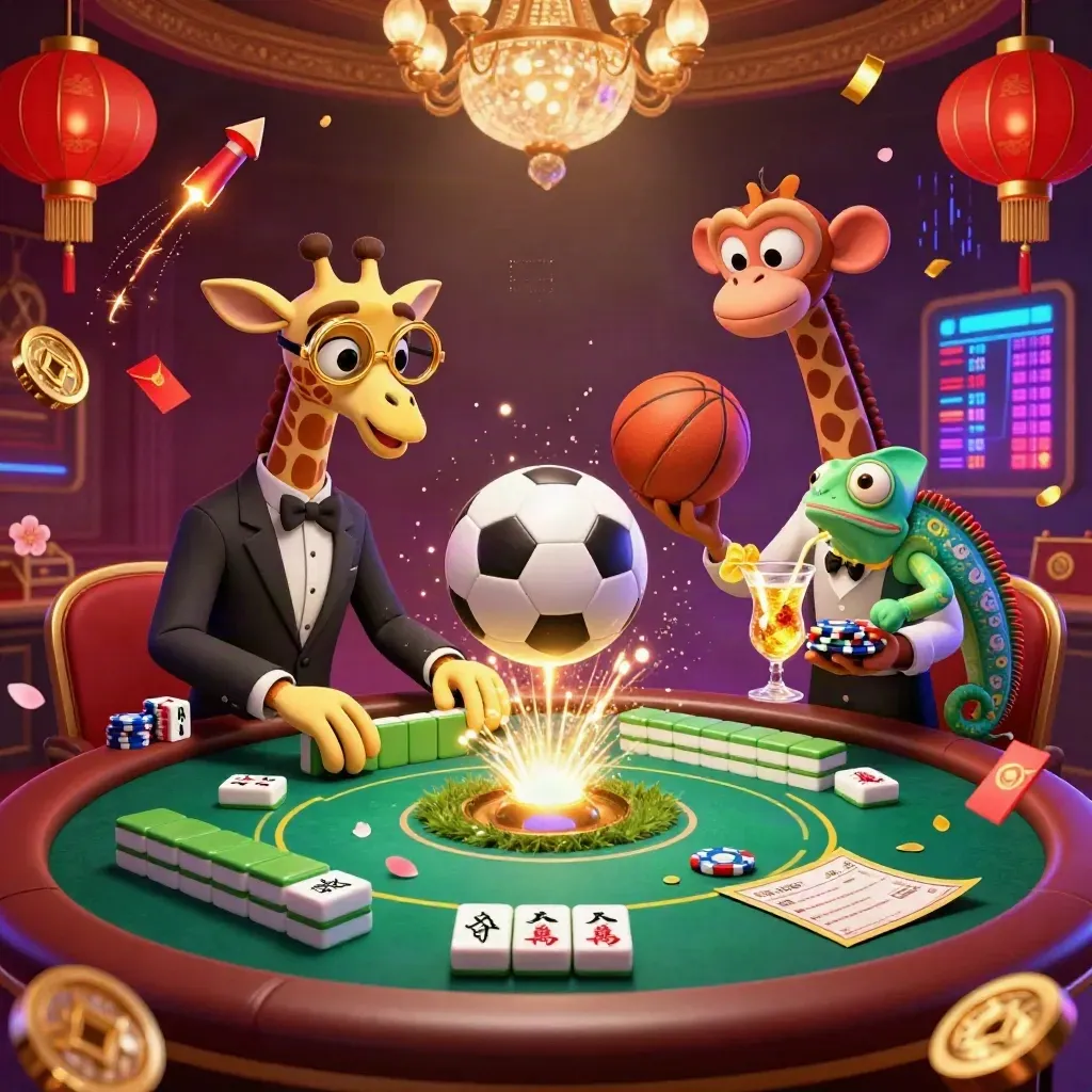 Giraffe, monkey, and chameleon in a casino splash with flying sports balls and glowing chips