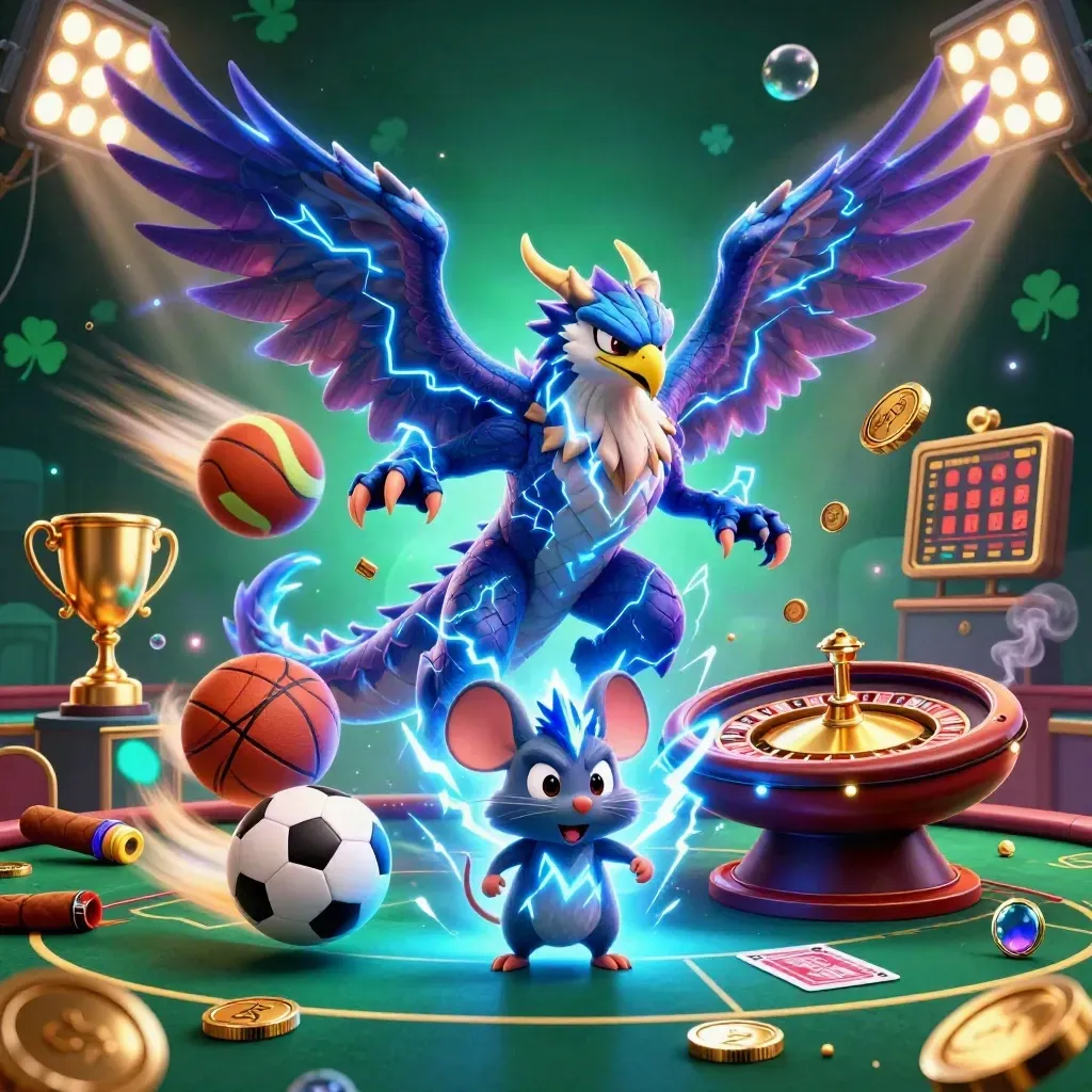 Thunder dragon, hawk, and mouse amid casino glow, balls, trophy, roulette, and cards