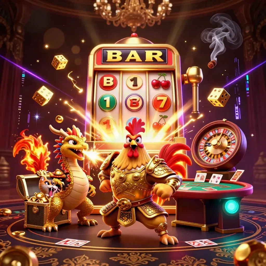 Rooster samurai, spark-breathing dragon hatchling, and lucky cat amid casino gold and neon