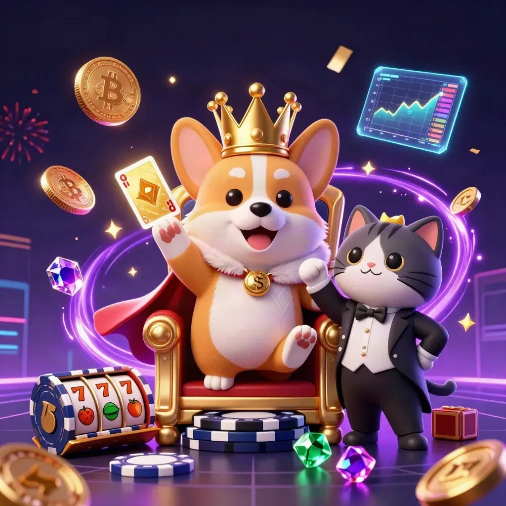 Royal corgi king and cat butler amid neon coins, gems, charts and casino power effects.