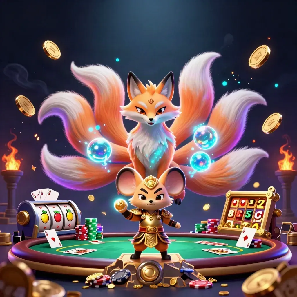 Neon fox spirit and armored mouse amid casino chips, cards, slots, coins, and treasure bursts.