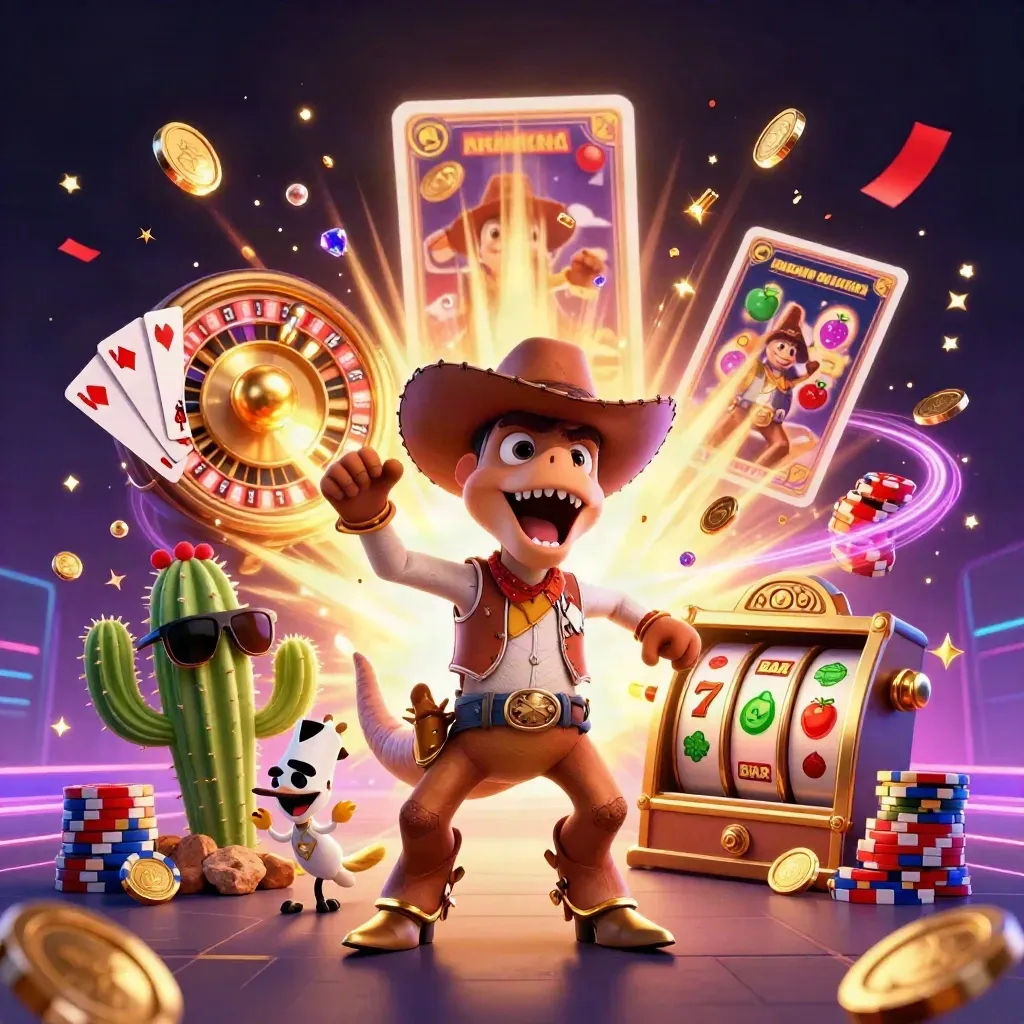 Cowboy T-Rex, cactus and roadrunner explode amid coins, gems, roulette, chips and fireworks.