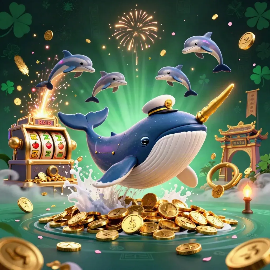 Whale captain, narwhal, and dolphins surge through coins, fireworks, reels, and temple glow.