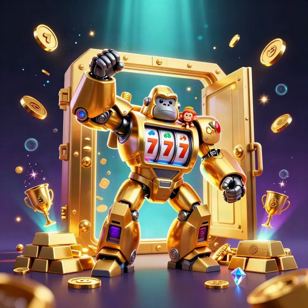 Golden slot-machine gorilla mech with monkey pilot bursting from a treasure vault in neon casino light