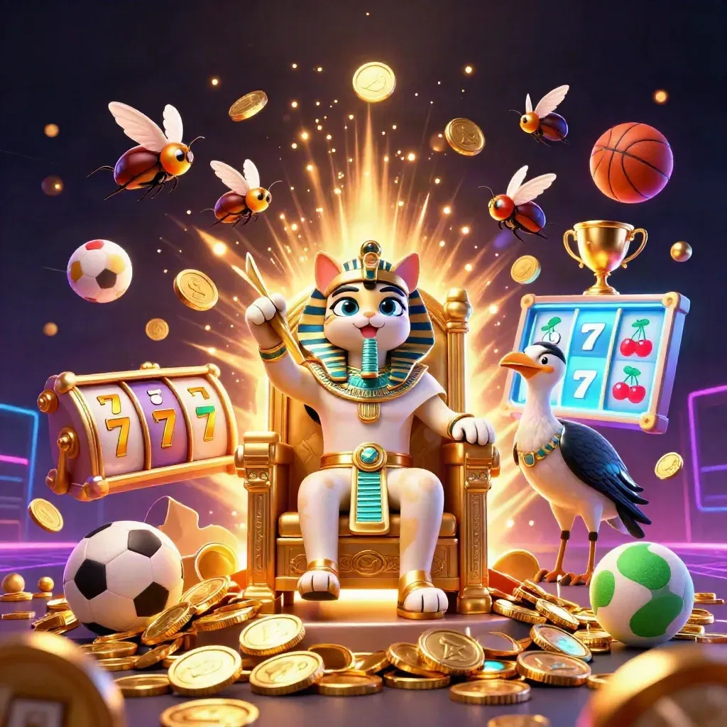 Pharaoh cat on throne with ibis scribe, scarabs, coins, sports balls, trophy, and casino glow.