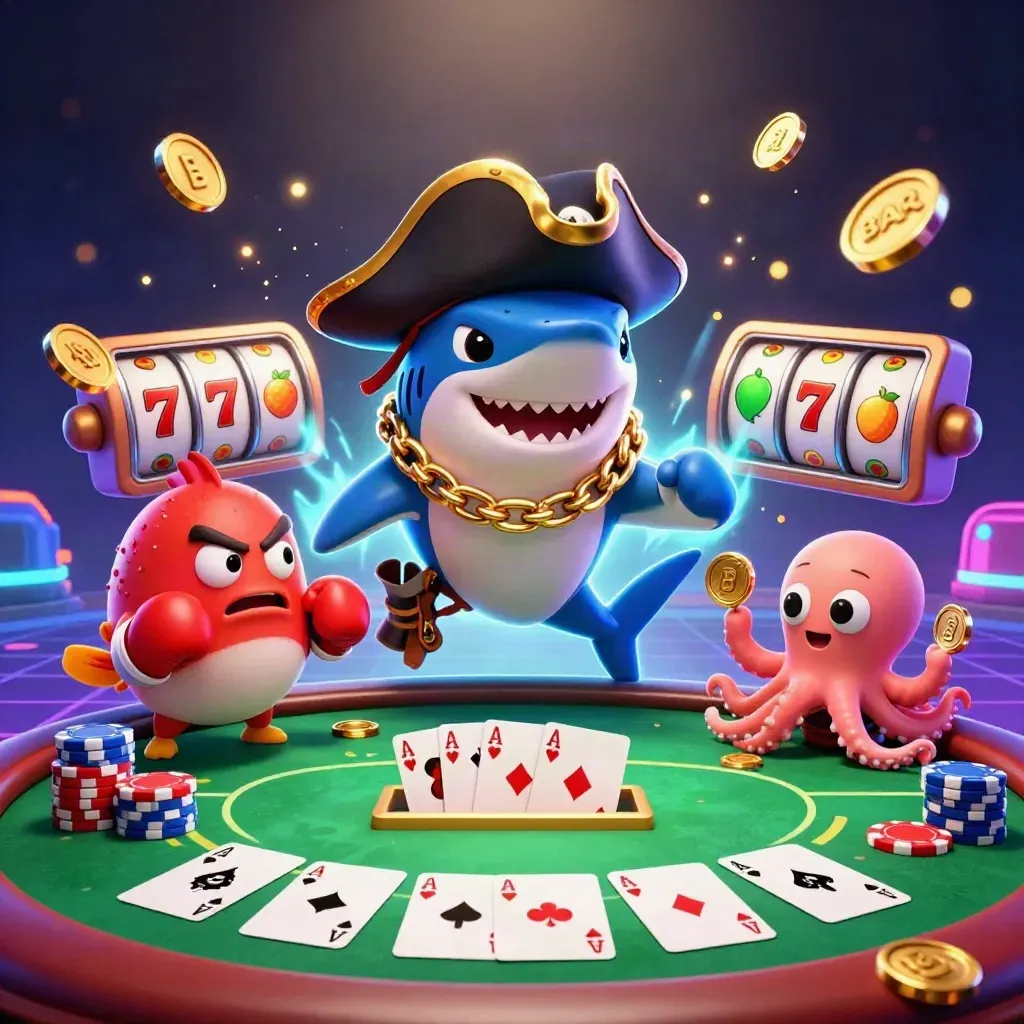 Pirate shark, boxing pufferfish, and coin-juggling octopus over casino chips and reels.