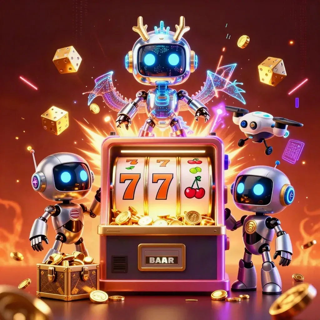 Cyberpunk robot, holographic dragon, and coin drone explode around a glowing slot machine and gold