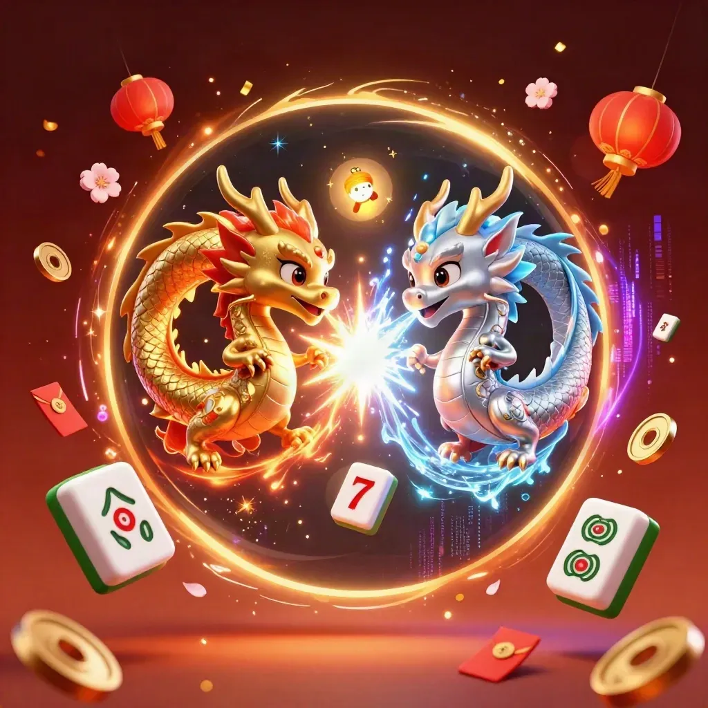 Gold and silver dragons form a fiery yin-yang with casino charms and a glowing lantern spirit.