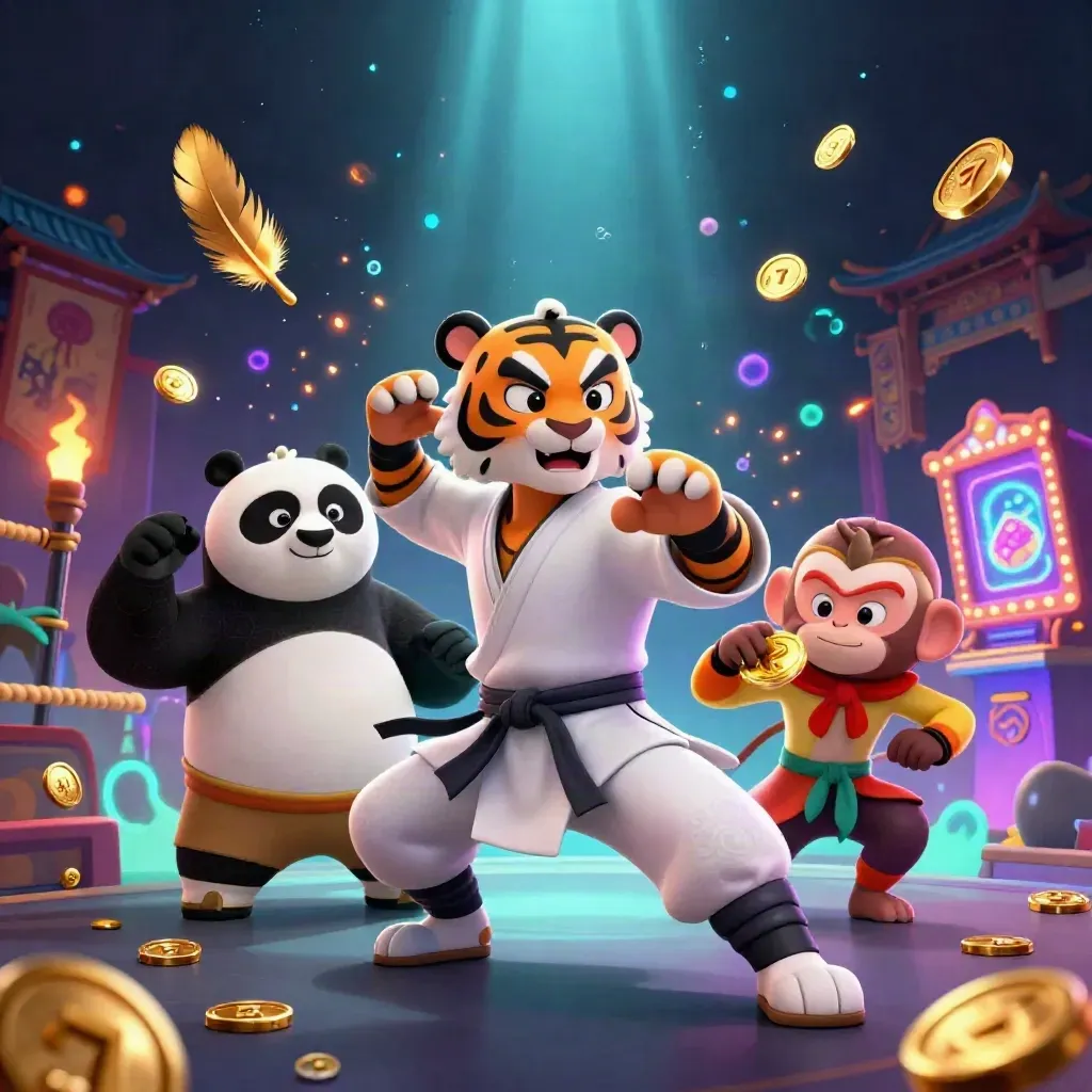 Tiger, panda, and monkey in a neon casino martial-arts scene with reels, coins, and temple glow.