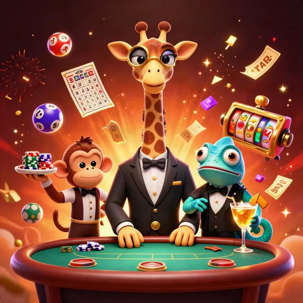 Giraffe high roller, monkey valet, and chameleon bartender amid casino effects and golden prizes.
