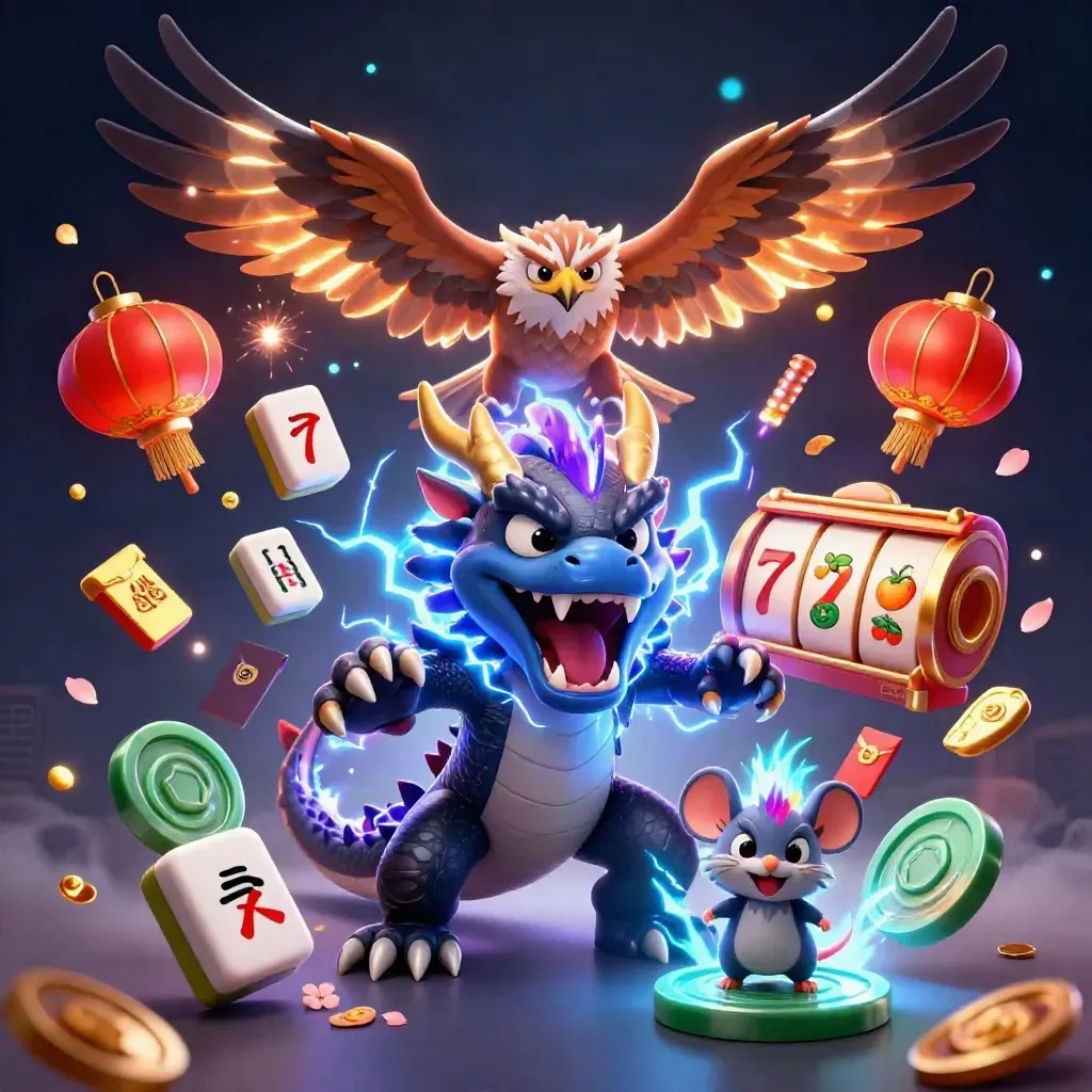 Thunder dragon, wind hawk, and static mouse amid casino charms, coins, and neon lightning.