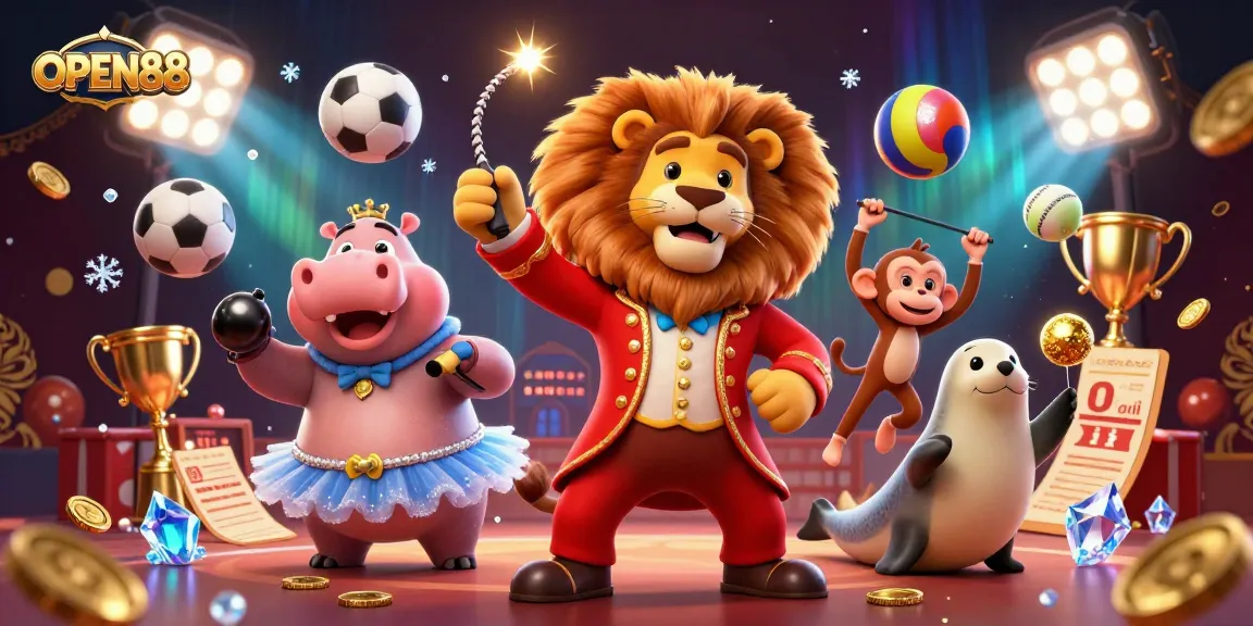 Experience winning at OPEN88 with a vibrant circus-themed casino illustration featuring dynamic game elements.