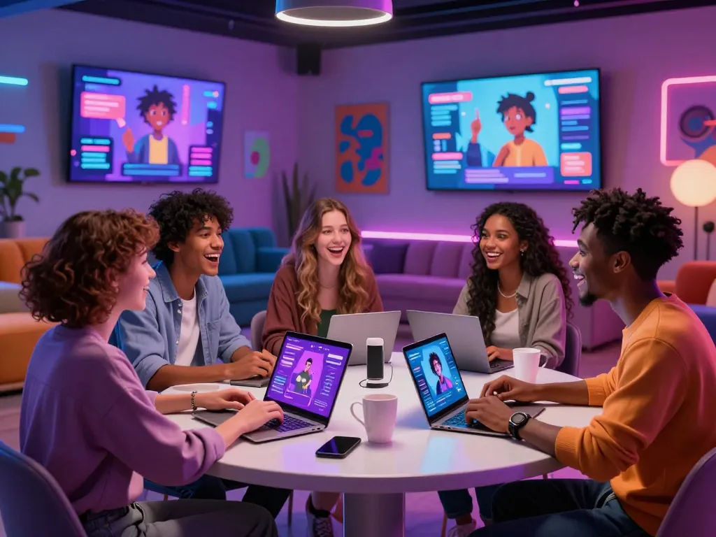Group enjoying a free ai sex chat experience in a modern tech lounge.