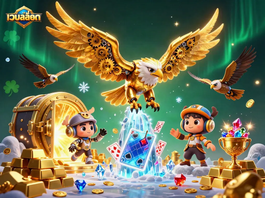 Engage with เว็บสล็อต gaming through a vibrant 3D illustration showcasing dynamic characters and treasure elements.