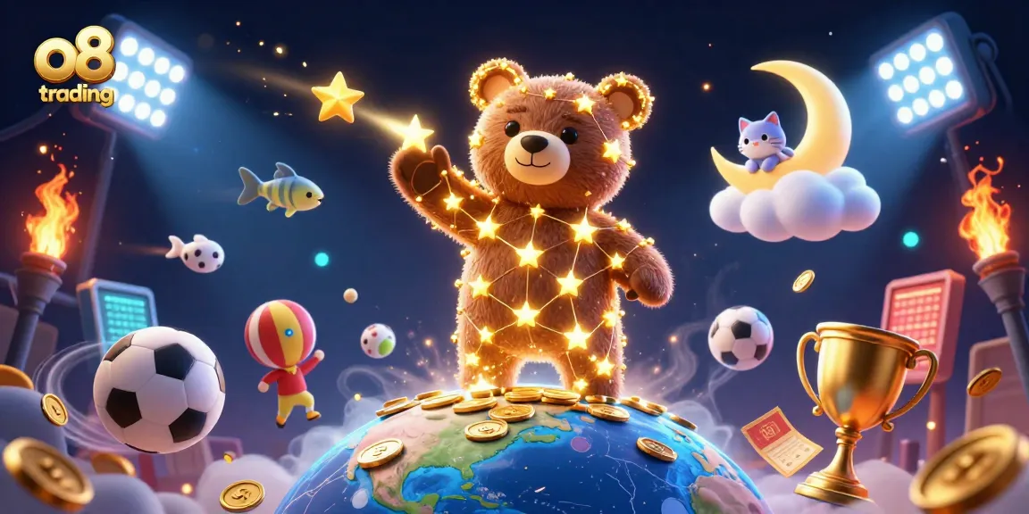 Experience thrilling gameplay with o8 trading as golden stars, sports balls, and coins unite in a vibrant casino scene.