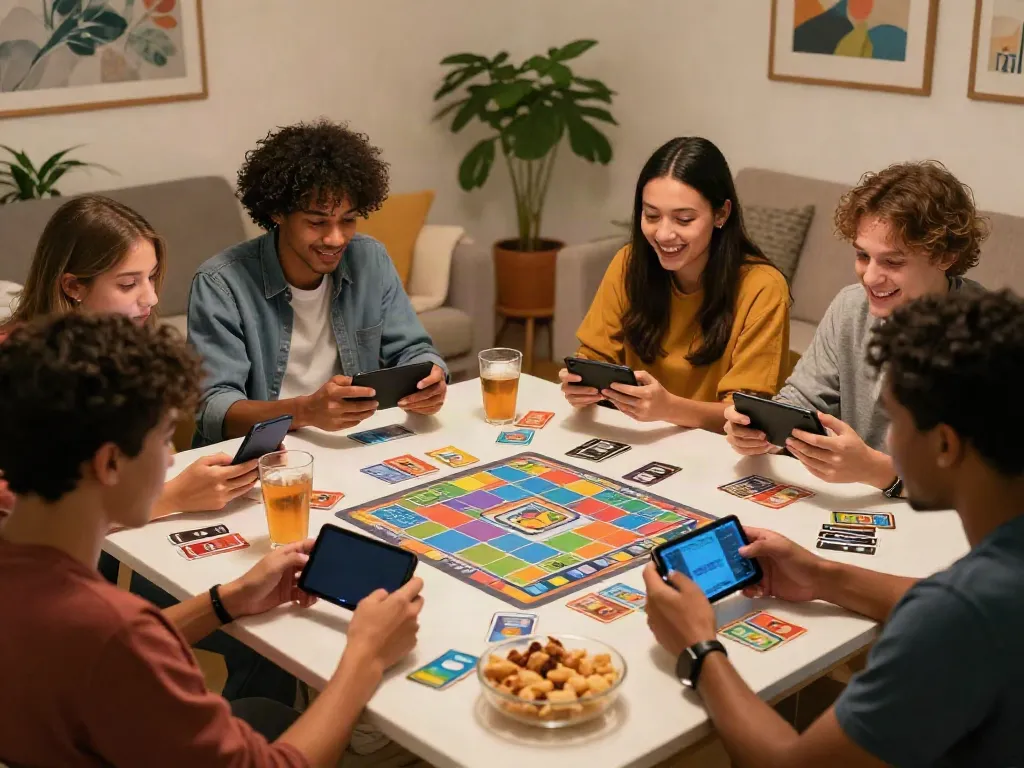 Friends enjoying a lively game of Rumble Rummy on their smartphones in a cozy living room setting.