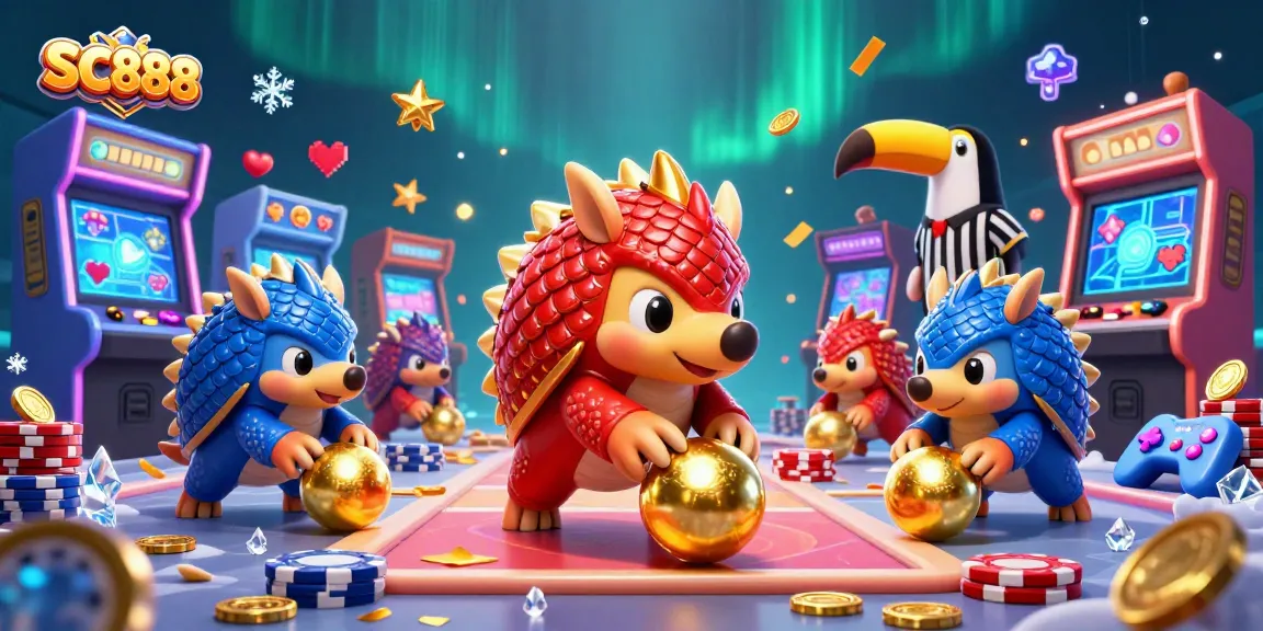 Engage with SC888's thrilling casino experience featuring vibrant pangolins amidst colorful arcade elements.
