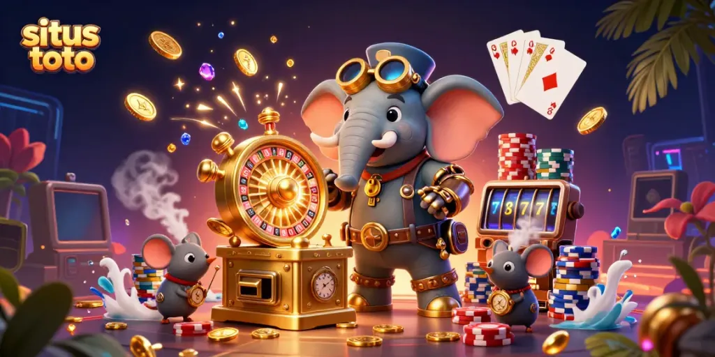 Engage with situs toto through an exciting steampunk casino scene featuring animated characters and vibrant gambling elements.