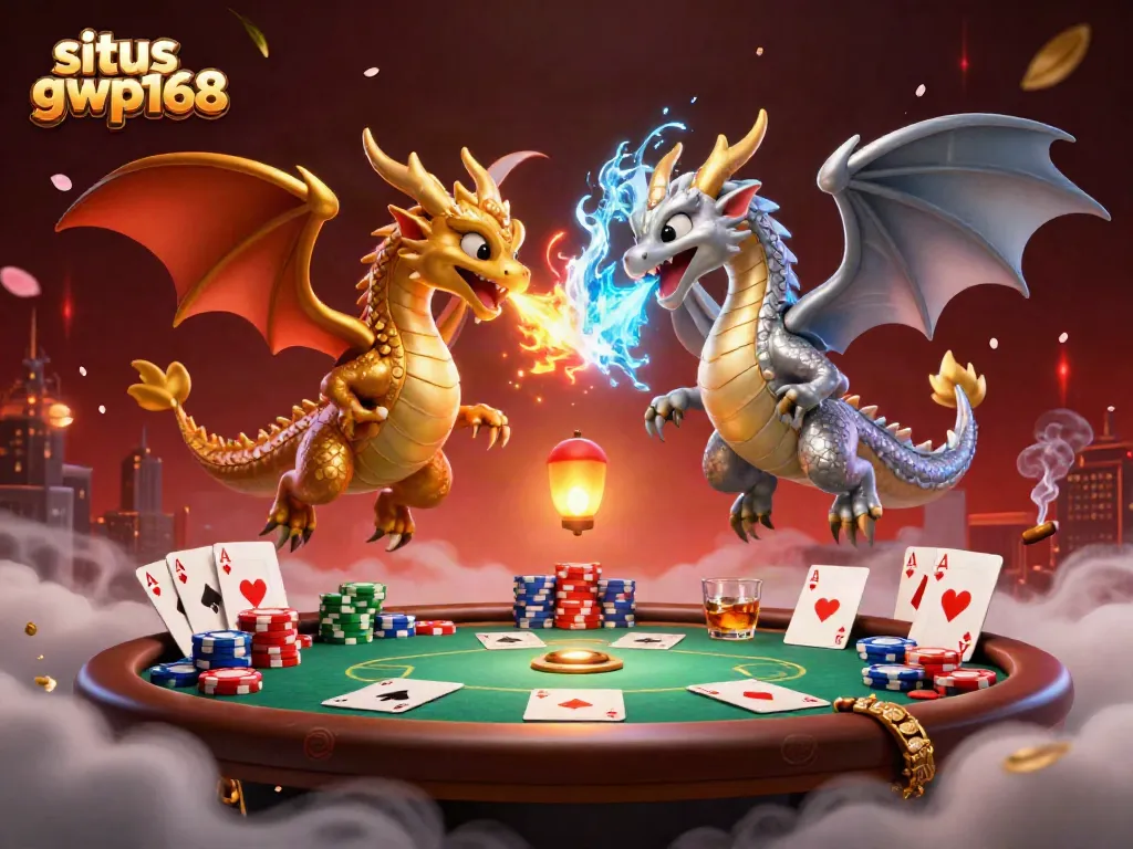 Gambarlah situs gwp168 yang menampilkan naga 3D terbang di kasino dengan poker dan hiasan menarik.
