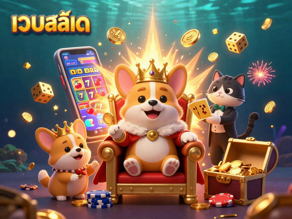 Engage in thrilling gaming at เว็บสล็อต with a corgi king surrounded by slot machines, coins, and colorful elements.