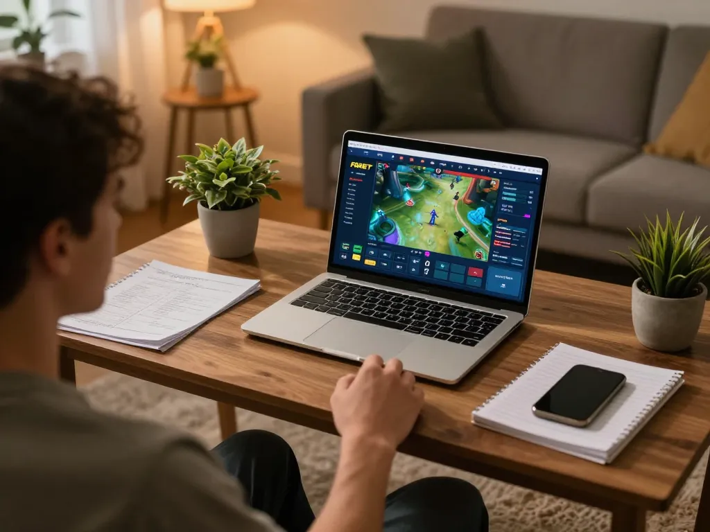 Engaging with F88BET on a laptop in a cozy living room for an immersive gaming experience.