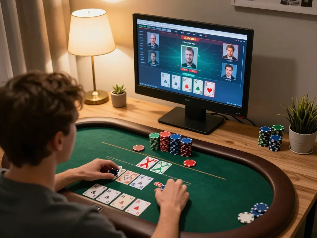 Engaging in ดูหนังใหม่ while placing strategic bets in a live poker game at home.