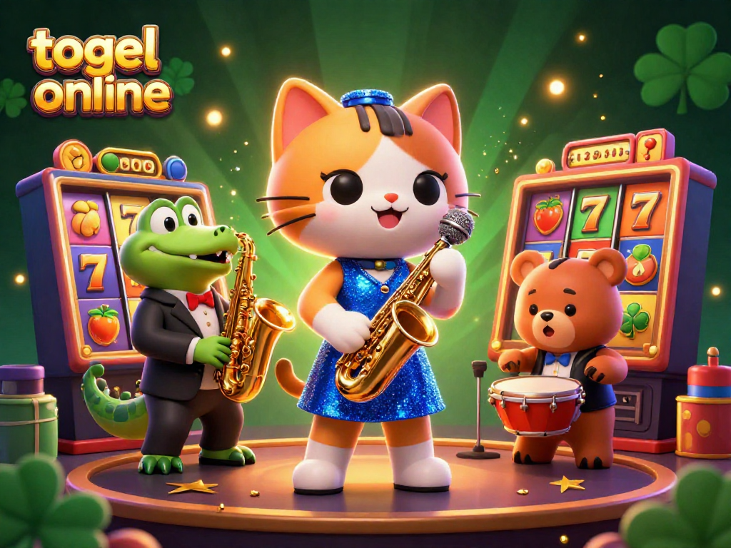 Enjoy togel online excitement featuring musical casino characters, slot reels, and vibrant colors in animated scene.