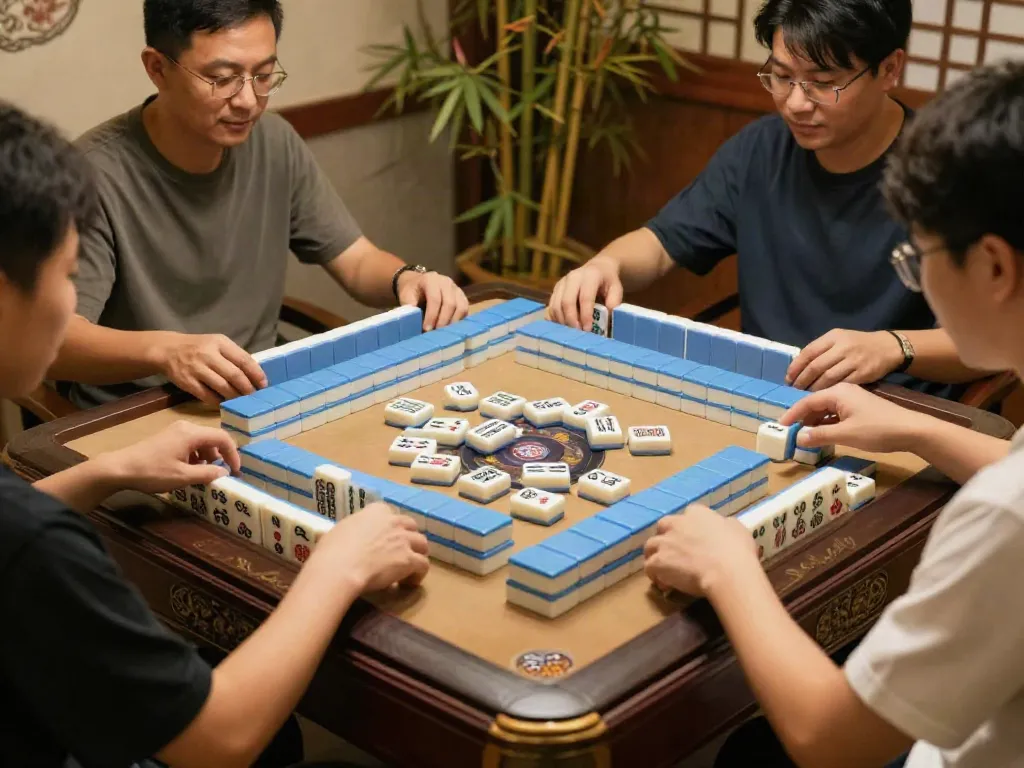Permainan mahjong ways di meja tradisional dengan pemain yang terlibat dan atmosfer hangat.