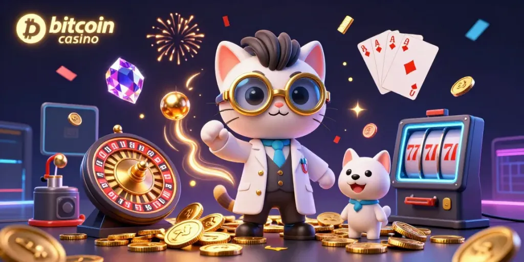 Spin winning reels at a bitcoin casino with a mad scientist cat and assistant amid golden coins and festive decorations.