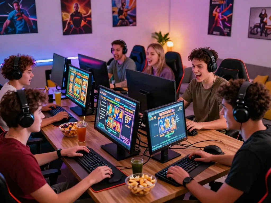 Friends enjoying akunjp online slot games in a lively gaming environment.