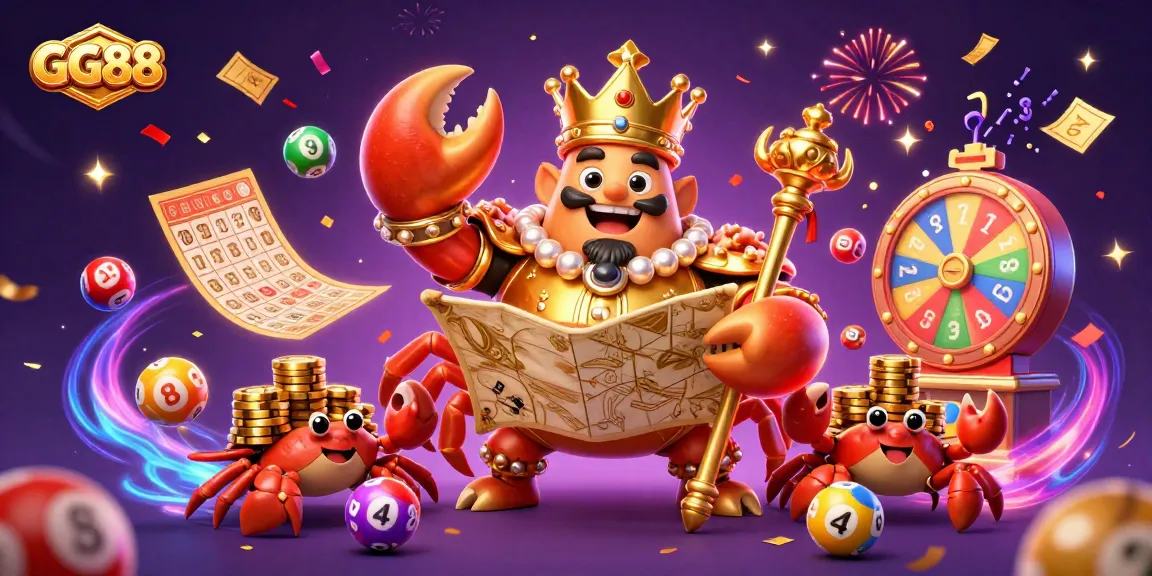 Engage in the vibrant gaming universe of GG88, featuring a golden crab emperor and lottery elements for an online casino experience.