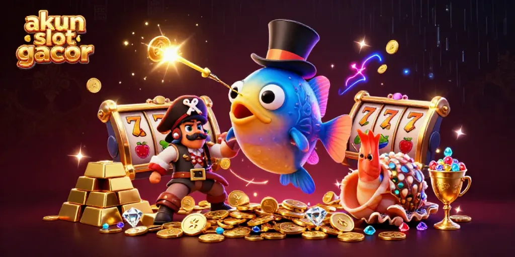 Engage with akun slot gacor to win big with 3D illustration of a vibrant slot game scene featuring sparkling gems and gold.