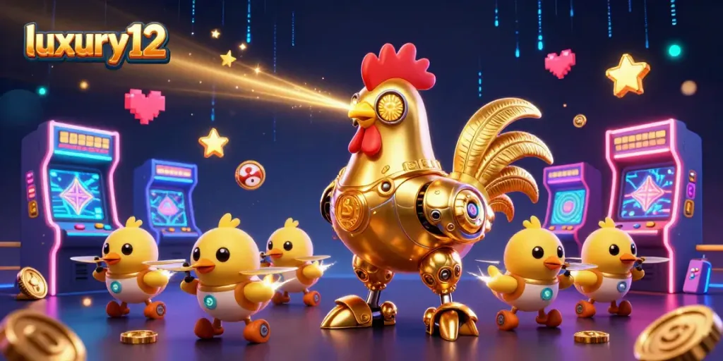 Mainkan game kasino menarik di luxury12 dengan robot ayam emas dan mesin arcade berwarna-warni!