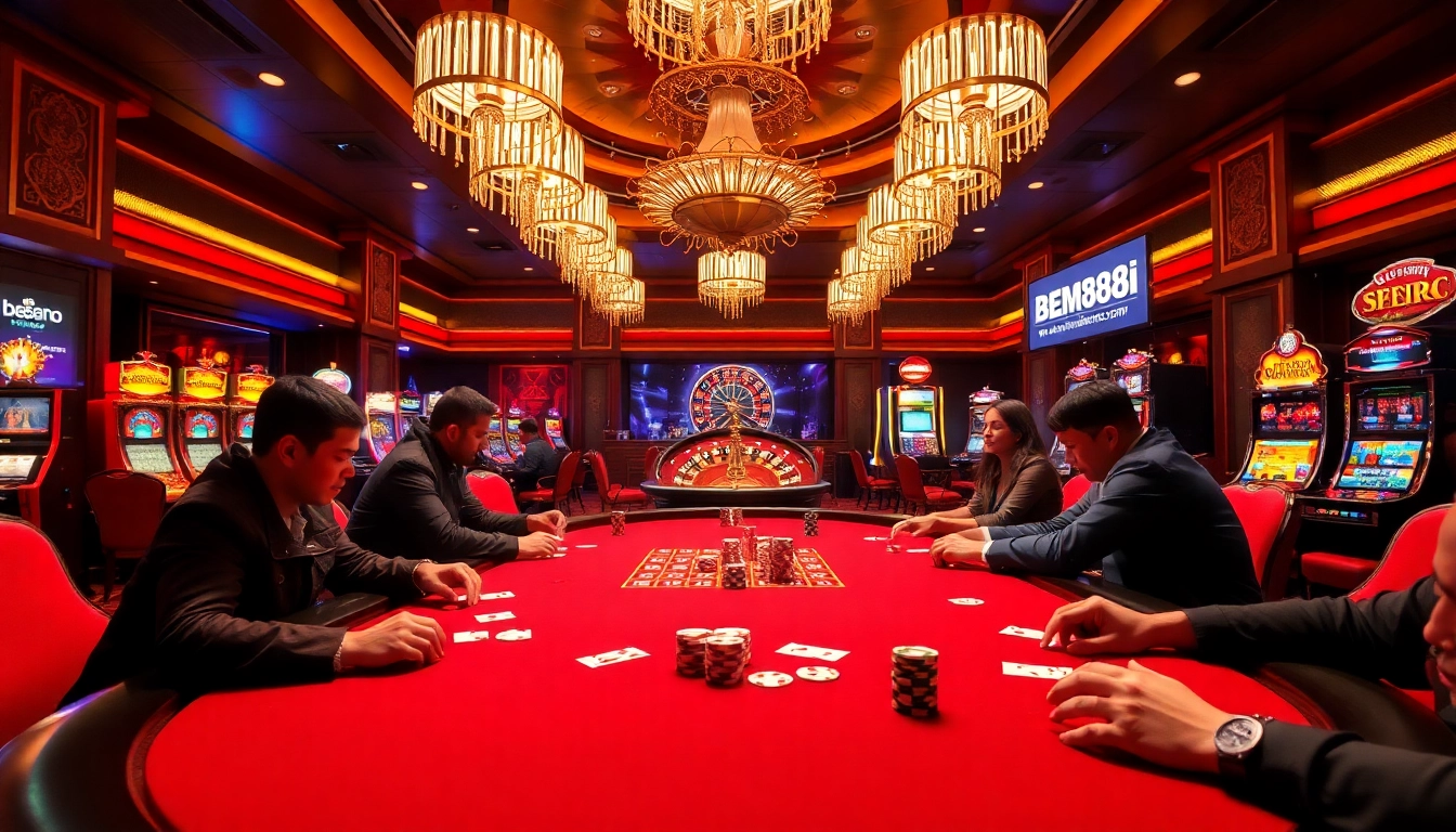 Exciting casino action at https://bem88i.com/ featuring a poker table and vibrant gameplay.