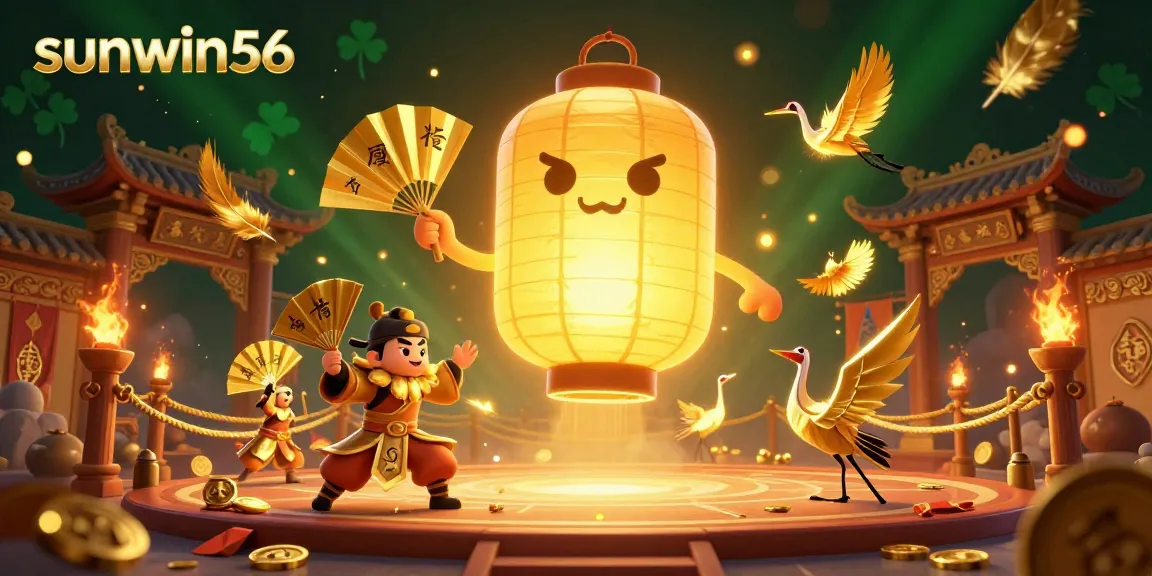 Win big with sunwin56 at a vibrant casino scene featuring golden lantern spirits and gaming elements.