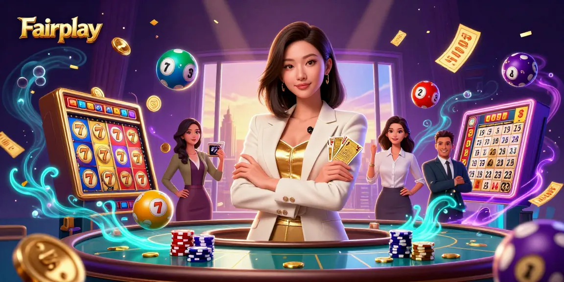 Experience Fairplay gaming action with vibrant slot reels and a powerful businesswoman in a casino scene.