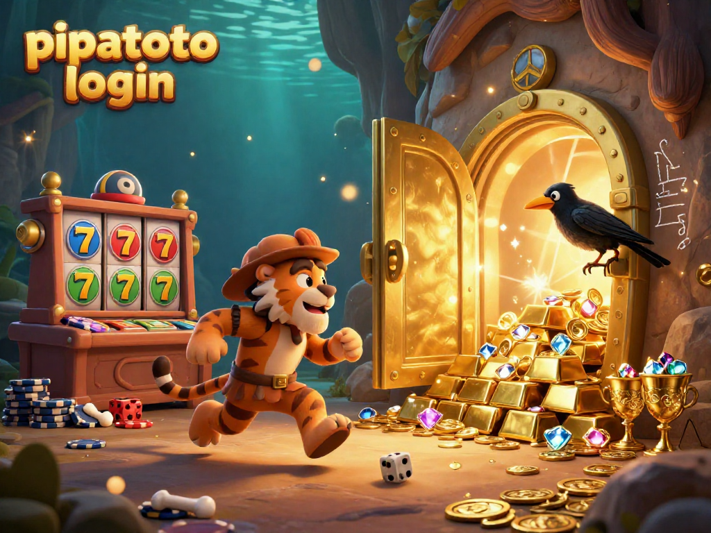 Pipatoto login showcases a thrilling casino experience with vibrant slot elements, gold treasures, and playful characters.
