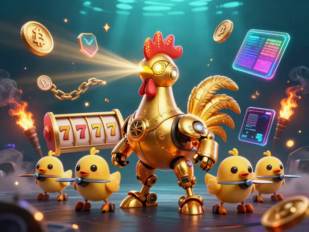 Experience thrilling slot adventures with dynamic golden rooster robot and baby chick drones.