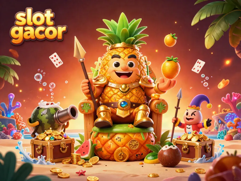 Experience the thrill of slot gacor with a vibrant beach casino scene featuring the golden pineapple king and his jester amidst treasure-filled festivities.