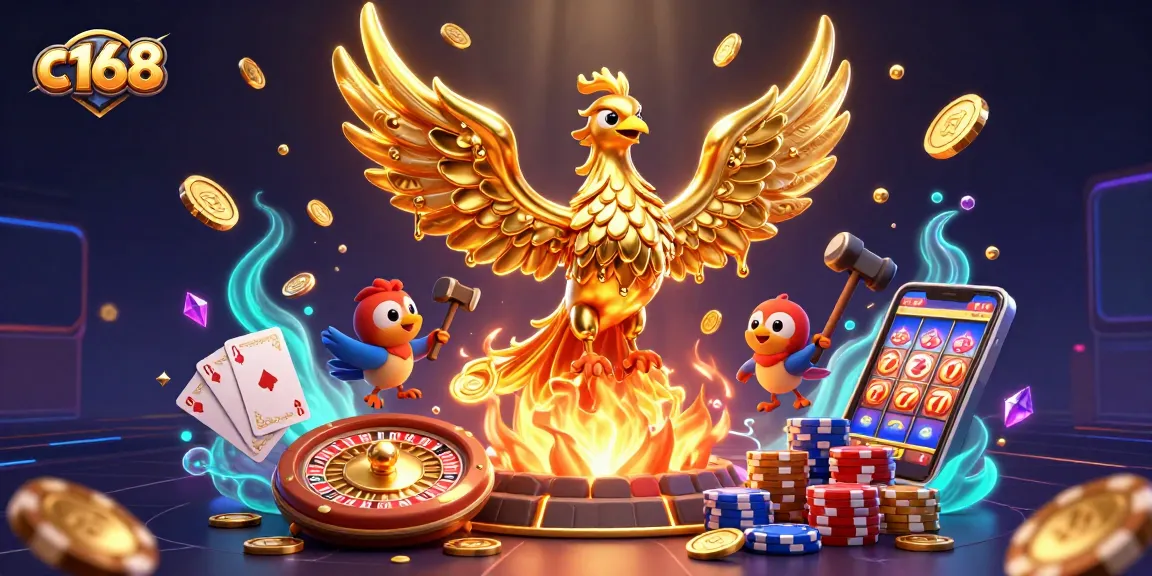 Engage with thrilling wins at c168 with a 3D golden phoenix symbolizing fortune and dynamic gaming.