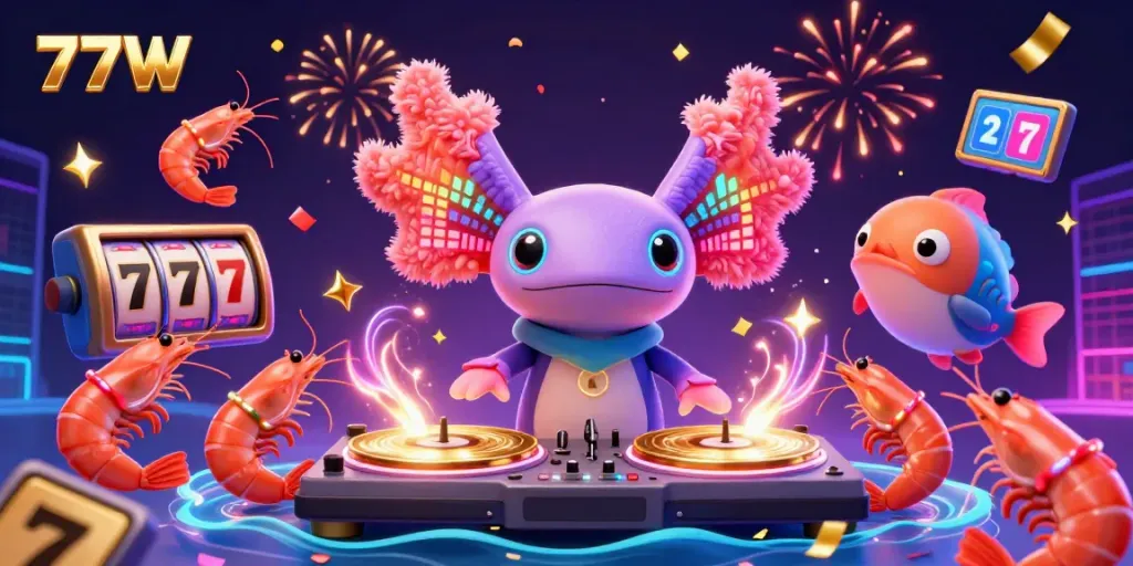 Experience the thrill of 77W with vibrant 3D casino elements and dynamic gaming characters in action.